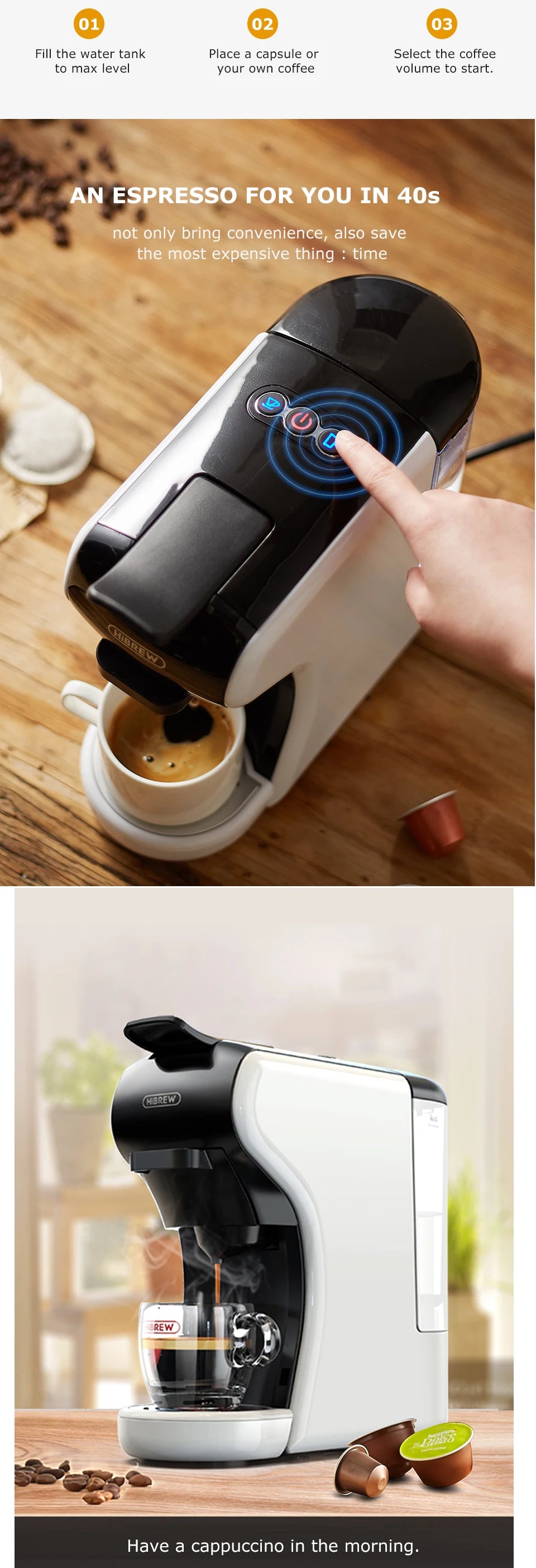 CAFETERA DE CÁPSULAS MÚLTIPLES 4 EN 1, CON ESPUMADOR DE LECHE CALIENTE Y FRÍA, TOTALMENTE AUTOMÁTICA - HiBREW