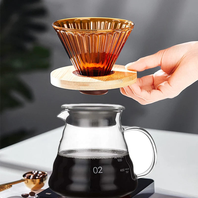 JUEGO DE CAFÉ DE VIDRIO V02 - MÉTODO FILTRADO V60 - EMBUDO DE VIDRIO CON SOPORTE DE MADERA - 600ML