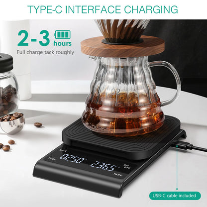 BÁSCULA DIGITAL RECARGABLE PARA CAFÉ, CON TEMPORIZADOR, 3KG/0,1G, BÁSCULA PORTÁTIL PARA COCINA.