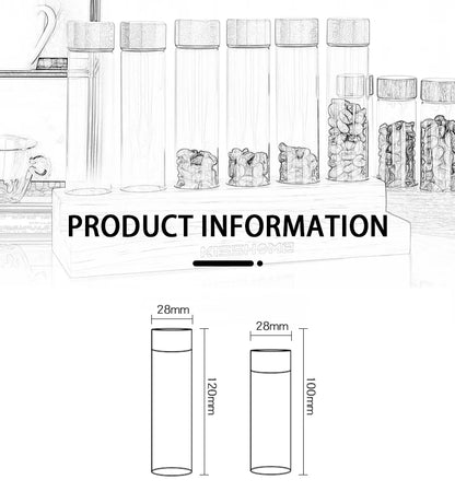 TUBOS DE VIDRIO PEQUEÑOS PARA ALMACENAMIENTO DE GRANOS DE CAFÉ - ESTANTE DE EXHIBICIÓN DE MADERA