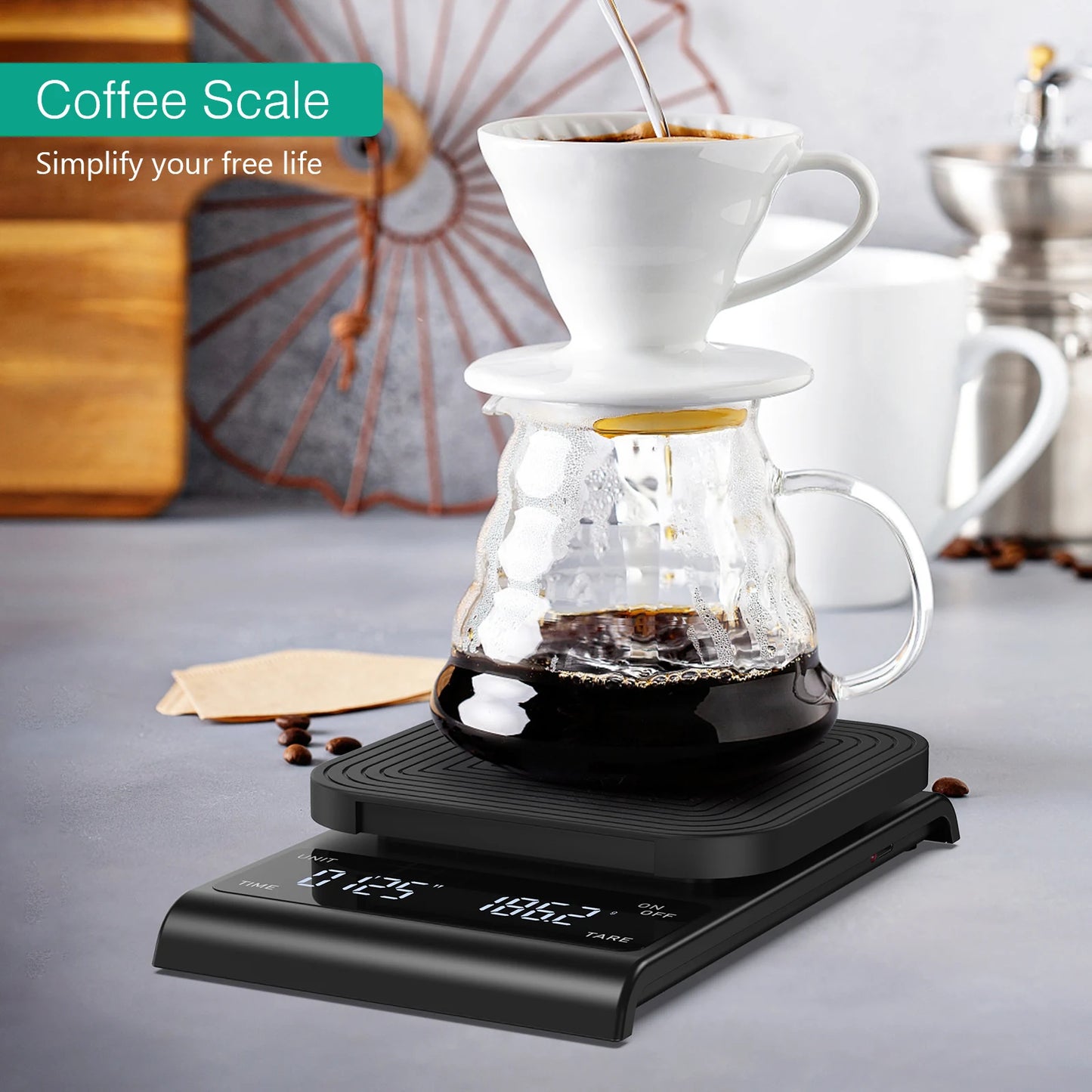 BÁSCULA DIGITAL RECARGABLE PARA CAFÉ, CON TEMPORIZADOR, 3KG/0,1G, BÁSCULA PORTÁTIL PARA COCINA.