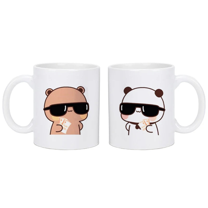 TAZAS DE CAFÉ CON DISEÑO DE OSO Y GATO.