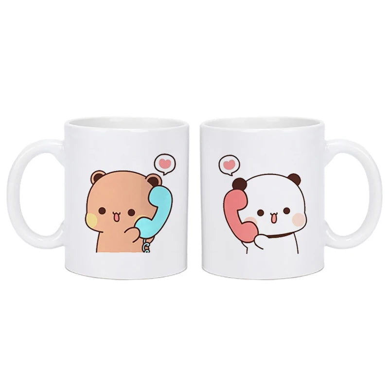 TAZAS DE CAFÉ CON DISEÑO DE OSO Y GATO.