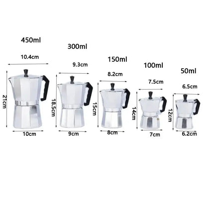 CAFETERA MOKA CON FILTRO DE ACERO INOXIDABLE, 50ML, 100ML, 150ML, 300ML, 450ML.