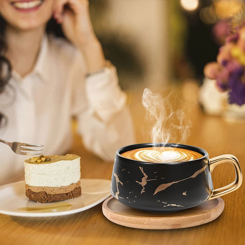 TAZA DE MARMOLEADO NÓRDICO CON PLATILLO DE MADERA - Tangpin