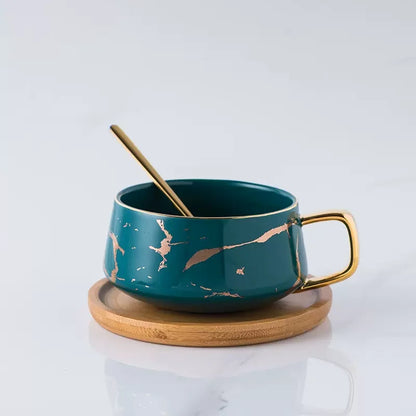 TAZA DE MARMOLEADO NÓRDICO CON PLATILLO DE MADERA - Tangpin