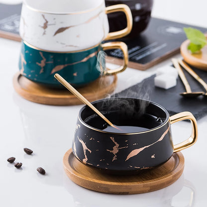 TAZA DE MARMOLEADO NÓRDICO CON PLATILLO DE MADERA - Tangpin