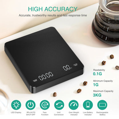 BÁSCULA DIGITAL PARA CAFÉ CON TEMPORIZADOR Y ALTA PRECISIÓN - 3kg/0,1g