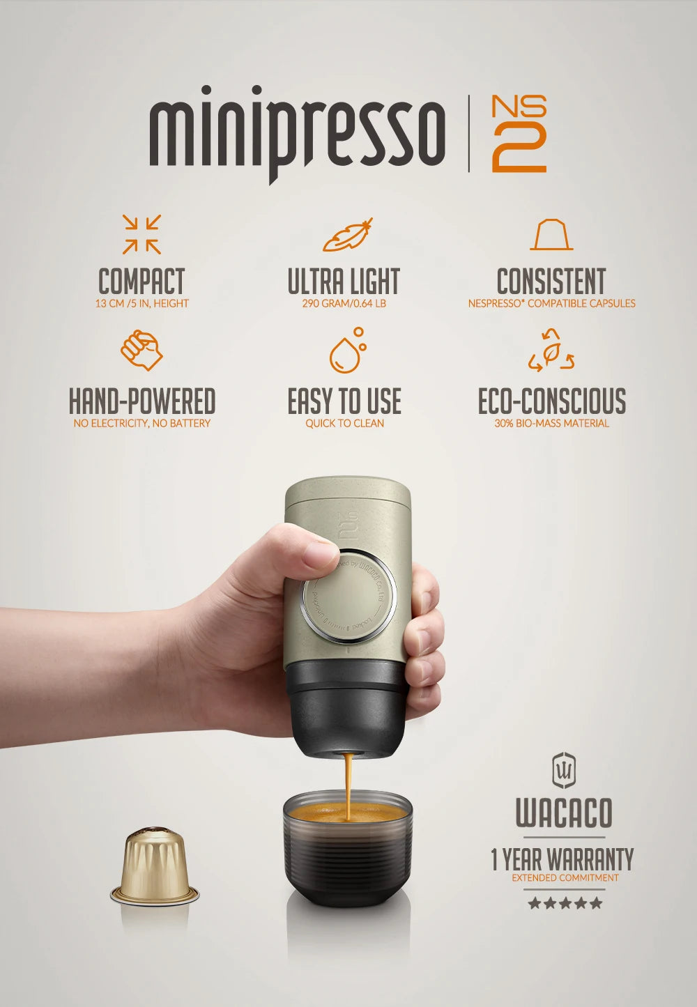 MINIPRESSO NS2, CAFETERA PORTÁTIL MANUAL, COMPATIBLE CON CÁPSULAS NS - WACACO