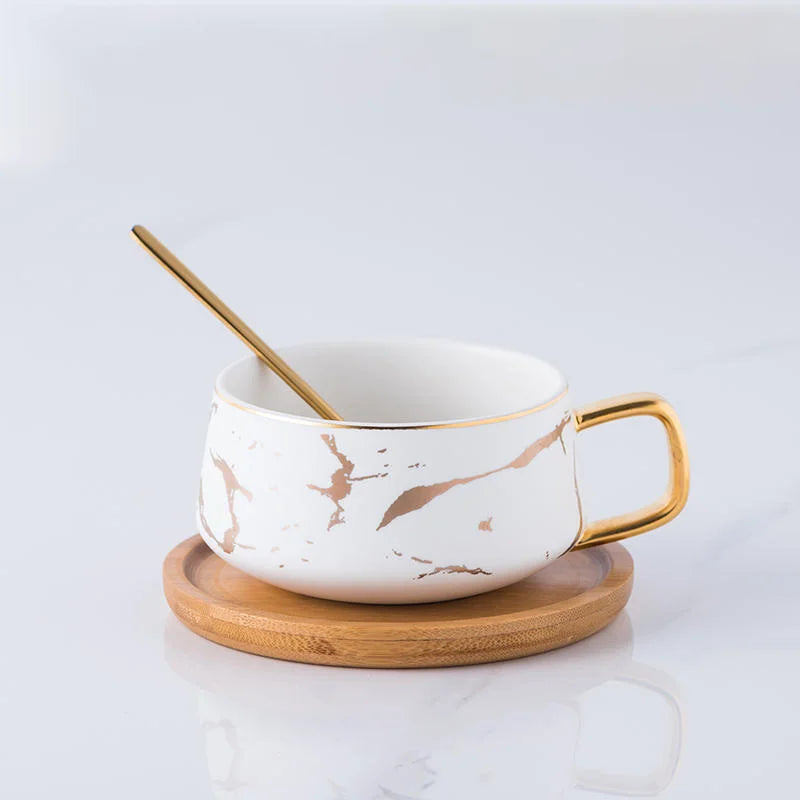 TAZA DE MARMOLEADO NÓRDICO CON PLATILLO DE MADERA - Tangpin