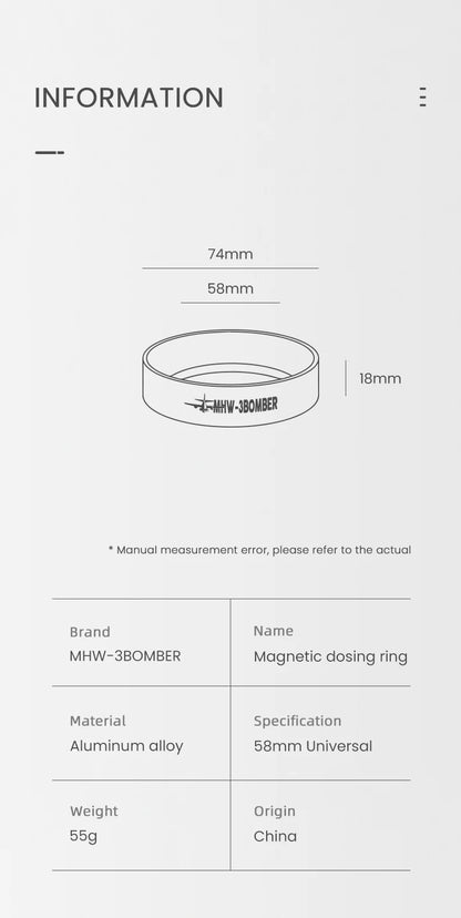 EMBUDO MAGNÉTICO DE DOSIFICACIÓN DE CAFÉ, ANILLO DOSIFICADOR COMPATIBLE CON PORTAFILTRO DE 58MM. - MHW-3BOMBER