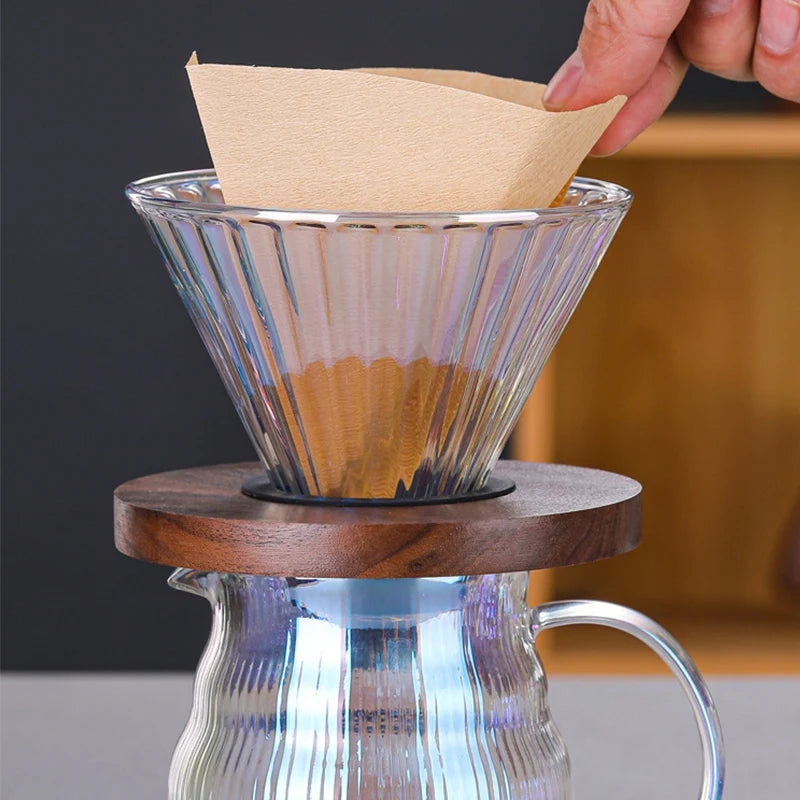 JUEGO DE CAFÉ DE VIDRIO V02 - CON SOPORTE DE MADERA - RESISTENTE AL CALOR - 600ML - MÉTODO FILTRADO V60