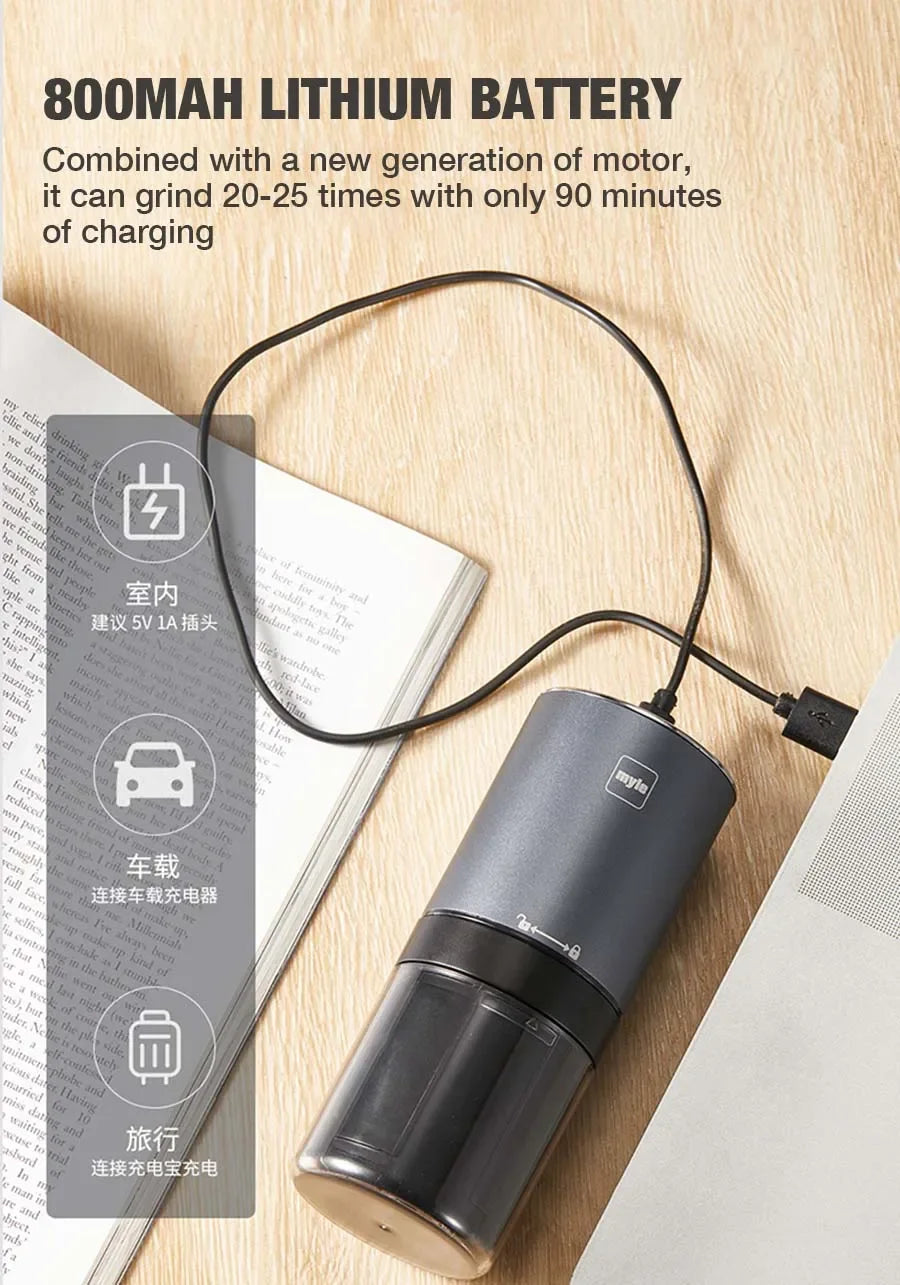 MINI MOLINO DE CAFÉ ELÉCTRICO PORTÁTIL CON NÚCLEO DE ACERO INOXIDABLE Y CARGA USB