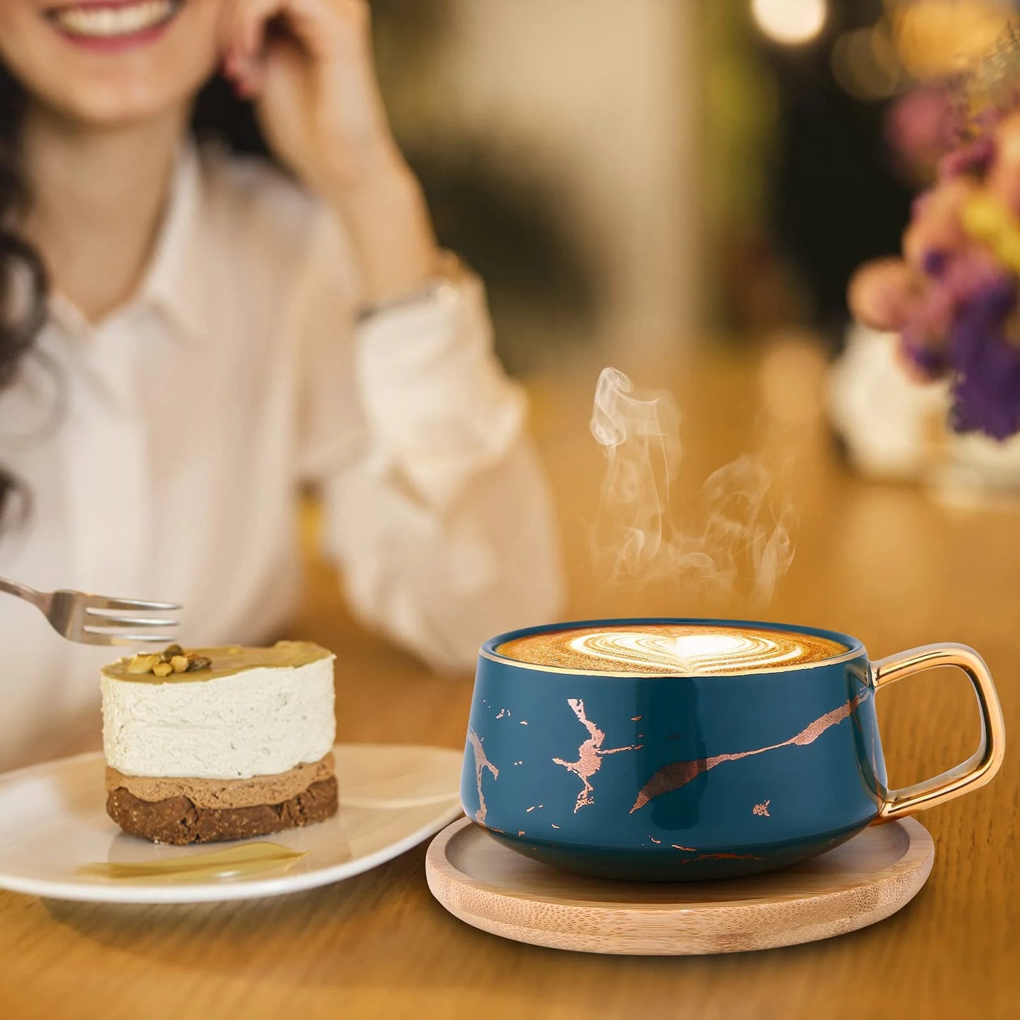 TAZA DE MARMOLEADO NÓRDICO CON PLATILLO DE MADERA - Tangpin