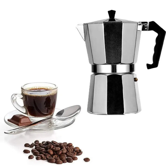 CAFETERA MOKA CON FILTRO DE ACERO INOXIDABLE, 50ML, 100ML, 150ML, 300ML, 450ML.